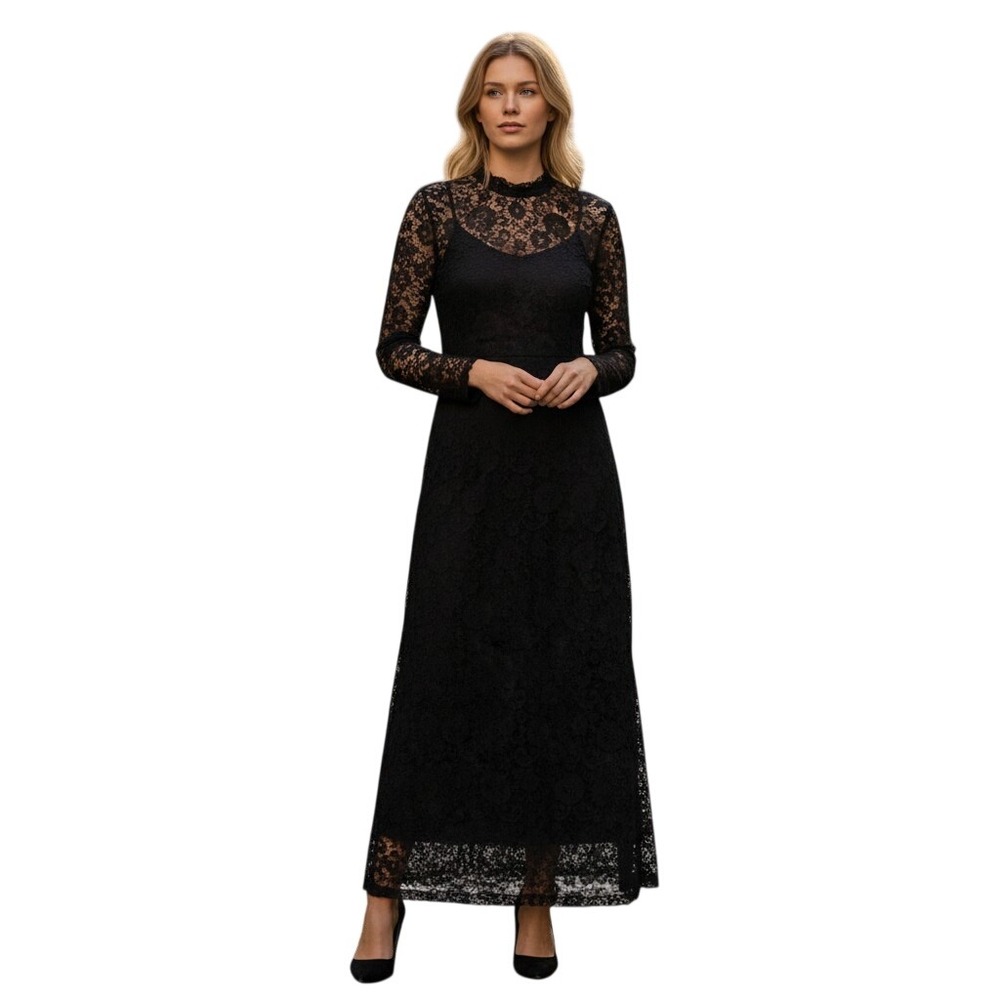 Vince Camuto Confetti Ready Black Lace Mock Neck Maxi Dress 91524728 Small
